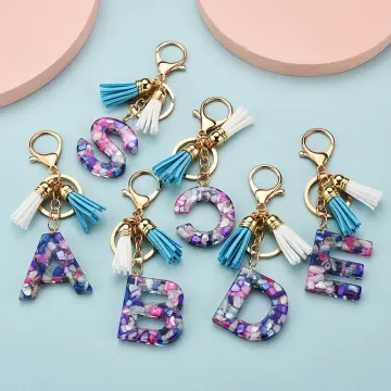 Shining crown Pompom Initial Keychain Letter A-Z Bag Charm Alphabet Pendant  with Key Ring