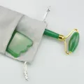 Anti Aging Natural Aventurine Jade Roller Green for face and Gua Sha Scraping Massage Tool Therapy with Double Neck Slimming Massager. 