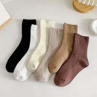 Women Classic Solid Color Striped Cotton Loose Socks Korean Fashion Japanese Style Simple Basic Socks Lady All Match Brown Sock