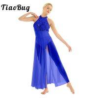 Tiaobug Women Shiny Sequins Ballet Tutu Leotard Mesh Long Dress Adult Ballroom Performance Contemporary Lyrical Dance Costumes