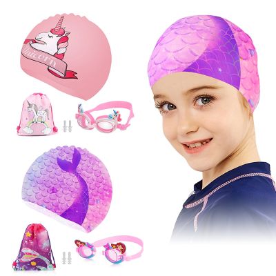 Cartoon Kids Swimming Goggles Unicorn Shark Swimming Cap Storage Bag Anti-Fog Waterproof Silicone Kids Glasses for Boy Girl Gift