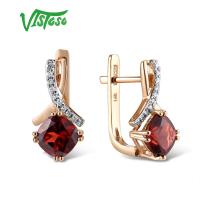 VISTOSO Gold Earring For Women Genuine 14K 585 Rose Gold Radiant Garnet Sparkling Diamond Earring Engagement Wedding Jewelry