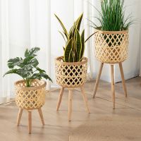 xfcbfHandmade Bamboo Woven Flower Pot with Stand  Plant Flower Display Storage Stand DIY Storage Nursery Pots Home Decoration