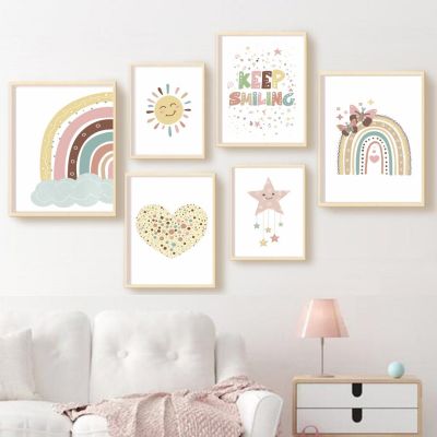 Rainbow Sun Heart Stars อ้าง Nursery Wall Art ภาพวาดผ้าใบ Nordic โปสเตอร์และพิมพ์ภาพผนังสำหรับเด็กทารก Room Decor