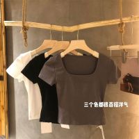 ▩✹ 2023 new summer bottoming niche short-sleeved t-shirt for women square collar short hot girl tight bm sweet and spicy right shoulder top