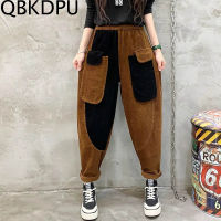 Womens 100% Cotton Corduroy Warm Pants Casual Large Pocket Wide Leg Pants Autumn Women Streetwear Baggy Harem Pants M-5XL