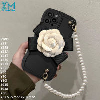 YiaMia เคสโทรศัพท์แฟชั่นใหม่สำหรับ Y21T Y21S VIVO Y21 Y21A Y77 Y33S Y33T Y35 Y50 Y30 Y30i 1938 Y66สายคล้องไข่มุก Y67 V5S Y76S ส่วนบุคคล Y72เคสโทรศัพท์ของเด็กผู้หญิง3D ดอกไม้คาเมลเลียขอบคลื่นเคสซิลิโคนนุ่มเหลวมี