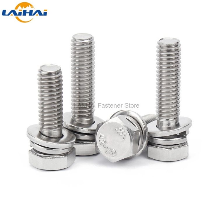 1-10pcs-m4-m5-m6-m8-m10-m12-304-stainless-steel-external-hex-hexagon-head-sem-screw-flat-washer-spring-gasket-assemble-bolt