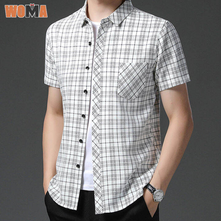 woma-เสื้อสูทลายตารางแขนสั้นระบายอากาศของผู้ชายเสื้อเชิ้ต