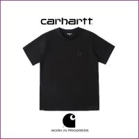 Carhartt เสื้อยืดแขนสั้นทรงสี่เหลี่ยมปักฉลากสีดำสำหรับผู้ชายและผู้หญิงรุ่นคู่รักเสื้อยืดทรงหลวมเข้ากับทุกชุด