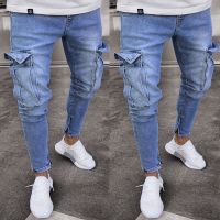 กางเกงยีนส์ชาย แบบมีรอยขาด กางเกงยีนส์สกินนี่ (SKINNY) Mens Stretchy Ripped Jeans Skinny Jeans Destroyed Slim Denim Pant