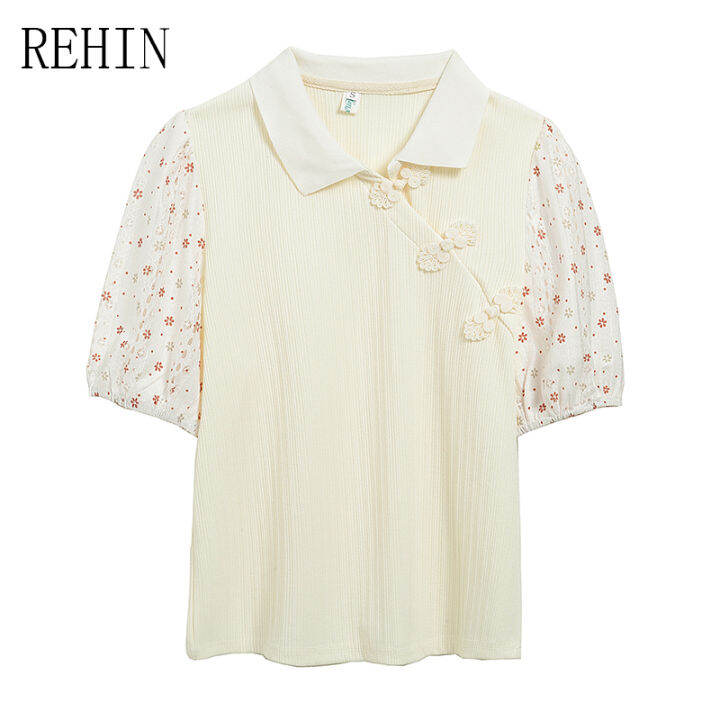 rehin-เสื้อสไตล์เกาหลีแบบใหม่แขนสั้นผู้หญิง-เสื้อแขนสั้นลายดอกไม้ประกบสง่างามแฟชั่นฤดูร้อน