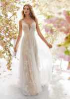 Lace Wedding Mesh Dresses  Vestidos De Noiva V Neckline Open Back Appliques Sleeveless Wedding Bridal Gowns Court Train