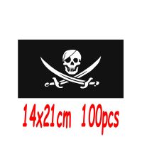 ZXZ 100PCS 14x21cm Skull and Cross Crossbones Jolly Roger Pirates Hand Flag with plastic flagpole