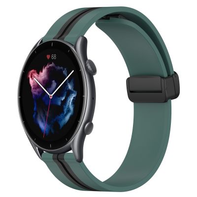 สำหรับ Amazfit GTR 3 Pro 22Mm ตะขอแม่เหล็กพับสายนาฬิกาข้อมือซิลิโคน (สีเขียวมะกอก + สีดำ)