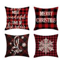 4PCS Christmas Pillowcase Red Plaid Santa Square Home Decor Linen Pillow Cases Cushion Covers for Sofa Car Gift 45X45cm