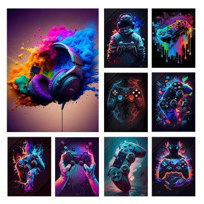 ✎✢ﺴ ใหม่ Cool GAMING Neon เกม Wall Art โปสเตอร์เกม Controller Art ภาพวาดผ้าใบภาพพิมพ์ภาพพิมพ์สำหรับเด็กตกแต่งห้องเด็ก Playroom