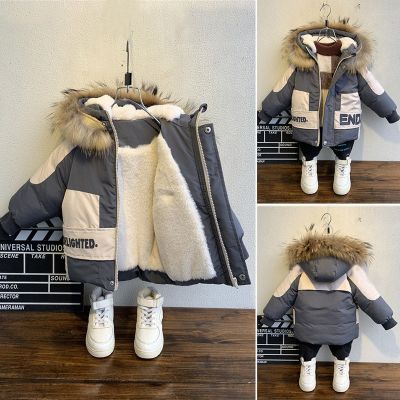Winter boys coat 2023 new baby Fur collar hooded cotton plus velvet thicken warm jacket for children parka 2-8years kids clothes