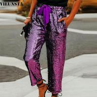 Spring Sexy Glitter Sequins Long Pants Women Elegant Drawstring Elastic Office Trousers Autumn Wide Leg Pants Casual Sweatpants