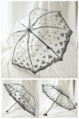 Hot Wave Edge Vintage Clear ร่ม PVC สามพับร่ม Arch ผีเสื้อ Rose Umbrella