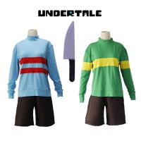 【Lao Zhang Fashion Cosplay】ผู้ใหญ่เด็กอะนิเมะเกม Undertale Chara Frisk เครื่องแต่งกายคอสเพลย์ U Nisex เสื้อคอปกสูงแขนยาวเสื้อกางเกงขาสั้นมีดสร้อยคอ