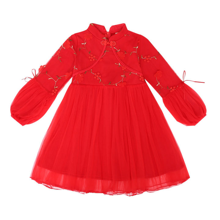 สีแดงสีชมพูสาวเจ้าหญิง-a-line-ชุดฤดูใบไม้ร่วงฤดูหนาวใหม่กำมะหยี่แขนยาวหนายืนขึ้นปก-cheongsam-ชุดเจ้าหญิงปีใหม่ประสิทธิภาพชุด
