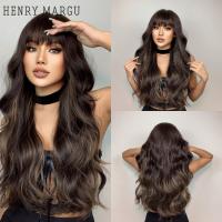 【jw】♤✇ Dark Synthetic Wigs with Bangs Mixed Wavy Fake Hairs Wig for Resistant