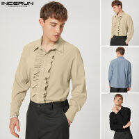 Beehoo INCERUN MensRuffle Dress Shirts Long Sleeve Vintage Button Down Tops (สไตล์ตะวันตก)