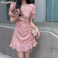 Sweet Puff Sleeve Laced-Up Floral Dress Female Summer Chiffon Waisted A-Line Skirt