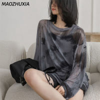 MAOZHUXIA เสื้อฉบับภาษาเกาหลียาวมัดย้อม,ใหม่2023เสื้อยืดแขนยาวตาข่ายแบบไมโครซึมผ่านได้สำหรับผู้หญิงกันแดดสไตล์ต่างประเทศเสื้อยาวปิดถึงก้นเสื้อบางๆ