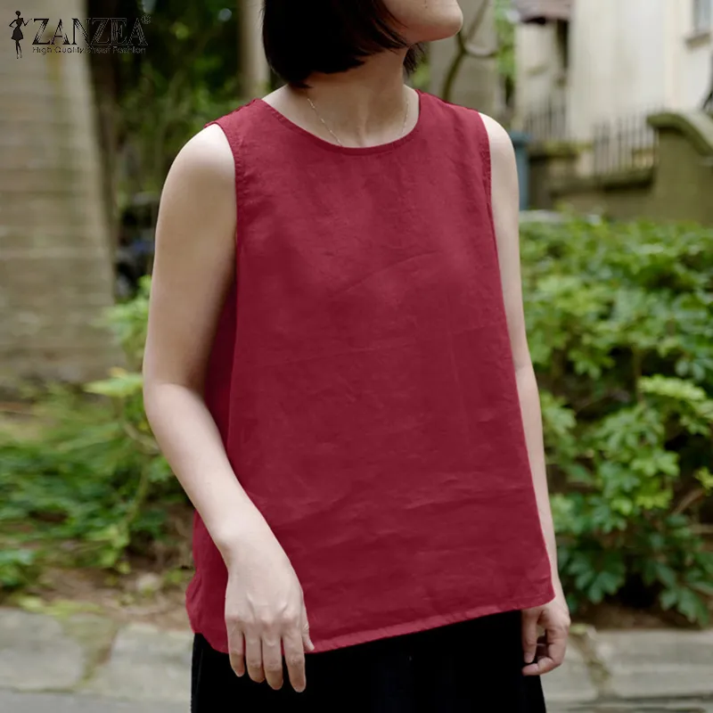 ZANZEA Summer Casual Tank Tops Sleeveless Solid Blouse O-Neck Vest