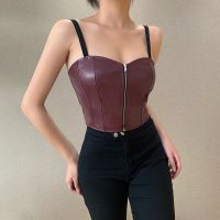 Crop Top Women PU Leather Zipper Camis Gothic Top 2021 Summer Sleeveless Sexy Camisole Ladies Black Vest Bodycon Crop Tops