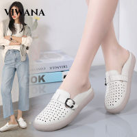 top●VIWANA White Flat Shoes Women Korean Style Leather Shoes Plus Size 41 Ladies Loafers Soft Sole Casual Slip On Shoes For Women Outdoor Half Slipper Women Shoes