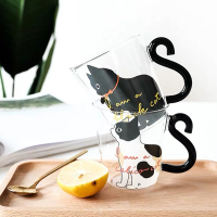 【2023】1PCS Cute Cat Glass Juice Coffee Cup Milk Tea Coffee Glass Mug Cat Tail Handle Cat Valentines Day Lover Gifts Stainless Spoon 【hot】