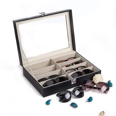 PU Glass Box กล่องใส่แว่น กล่องหุ้มหนังสีดำ + ช่องกระจกใส กล่องแว่นตา กล่องเก็บแว่น กล่อง 8 ช่อง กล่องเก็บของ กล่องเอนกประสงค์ แว่นตา