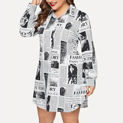 4XL Women Plus Size Dress Long Sleeve Newspaper Print Button Shirt Dress Ladies Casual Loose Large Size Dress Vestidos Mujer