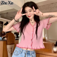 Zhu Xia เสื้อยืดถักคอวีแขนสั้นสไตล์ฝรั่งเศสย้อนยุคเสื้อเอวลอยเข้ารูปสไตล์ต่างประเทศแบบใหม่