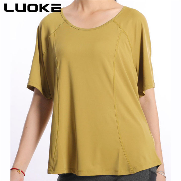 luoke-โยคะผู้หญิงผ้าพันคอแห้งเร็วระบายอากาศดีเสื้อยืดสองส่วนเสื้อวิ่งเสื้อแขนสั้นออกกำลังกายโยคะ