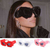 2023 Korean Plush Fuzzy Cat Eye แว่นตากันแดด Punk Soft Velvet Shades สุภาพสตรี Handmade Party Masquerade คอสเพลย์ Eyewear