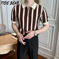 TIDE BEAR เสื้อโปโลลายทางแขนสั้นเสื้อสเวตเตอร์ผ้าไหมน้ำแข็งลายทางสไตล์ย้อนยุคสำหรับผู้ชาย