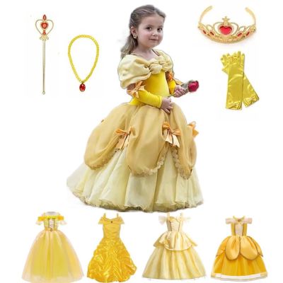 2 Princess Belle Dress For Girl Kids Floral Ball Gown Child Cosplay Bella Beauty And The Beast Costume Fancy Party