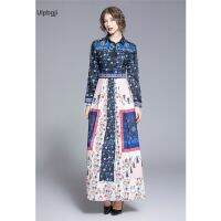 Porcelain Maxi Women Bow Collar Long Sleeve Floral-Print Elegant Vacation Chiffon Vestidos