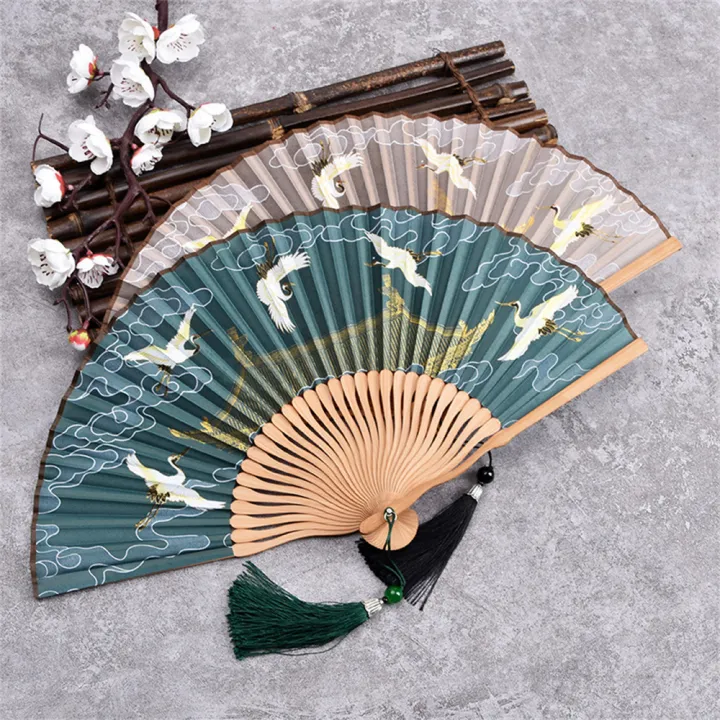 home-decorative-fan-intricate-tassel-detail-fan-dance-and-wedding-party-fan-crane-print-hand-held-fan-vintage-hand-fan-with-tassels