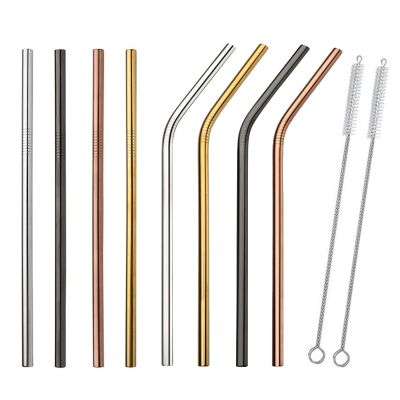 ✁ 4/8Pcs Stainless Steel Straws High Quality Metal Reusable Drinking Straw Gold Straight Bent Straw With Cleaning Brush And Bag