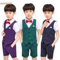 lontakids ชายลายชุดสูท (เสื้อกั๊ก + เสื้อ + กางเกง + Tie) เด็กทารกสวมใส่อย่างเป็นทางการเด็กแขนสั้น Blazer สำหรับงานแต่งงาน,วันเกิด