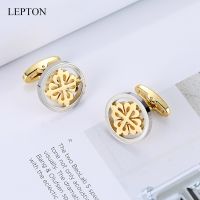 Lepton กระดุมข้อมือเงินและ18K สีแซ็กซอนเหล็กสแตนเลสกลมกระดุมข้อมือสำหรับงานแต่งงานของผู้ชายกระดุมข้อมือสำหรับสูทธุรกิจ