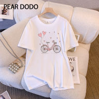 PEAR DODO เสื้อยืดพิมพ์ลายการ์ตูนแขนแขนสั้นคอกลมสำหรับผู้หญิงฉบับภาษาเกาหลีโอเวอร์ไซส์