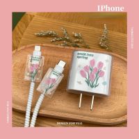 Pink Tulip Charging Cable Winder Protective Case Silicone Soft USB Cute Date Line Flower Cover for Iphone Fast Charge 18/20W