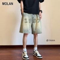 MOLAN Celana Pendek Denim นุ่มลำลองยืดหยุ่นขนาดเล็กและซีด Celana Pendek Denim หลวมของผู้ชาย