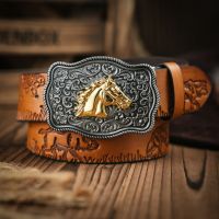 Western Cowboy Leather Buckle Belts Horse Pattern Floral Engraved Buckle Belt for Men Belts
